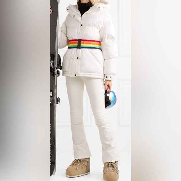 Perfect Moment Quilted Down White Ski Jacket with Rainbow Stripe belt - Picture 1 of 8